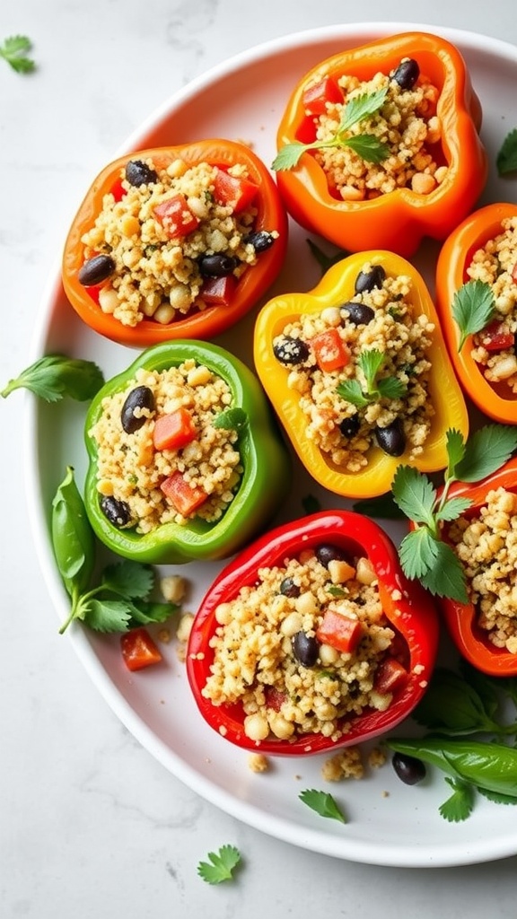 Stuffed bell peppers filled with quinoa and vegetables, garnished with cilantro.
