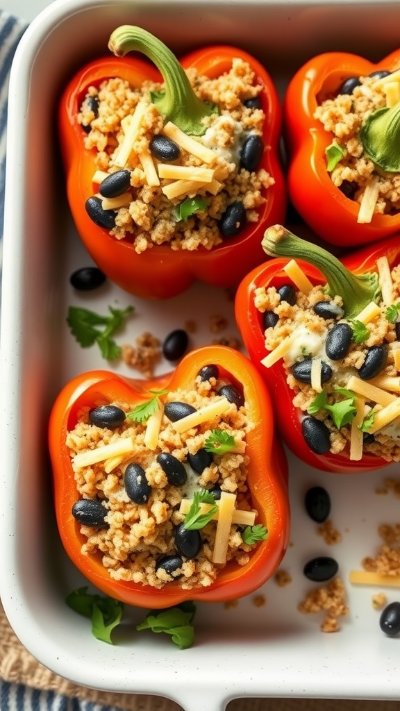 Stuffed bell peppers filled with quinoa, black beans, cheese, and topped with cilantro.