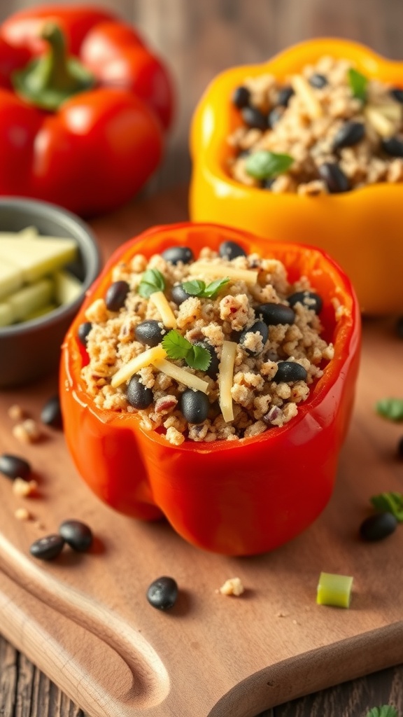 Stuffed bell peppers filled with quinoa and black beans, garnished with cilantro.