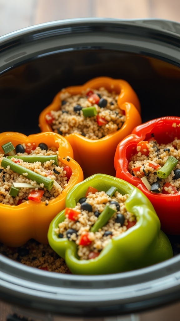 Colorful stuffed bell peppers filled with quinoa and beans in a slow cooker.