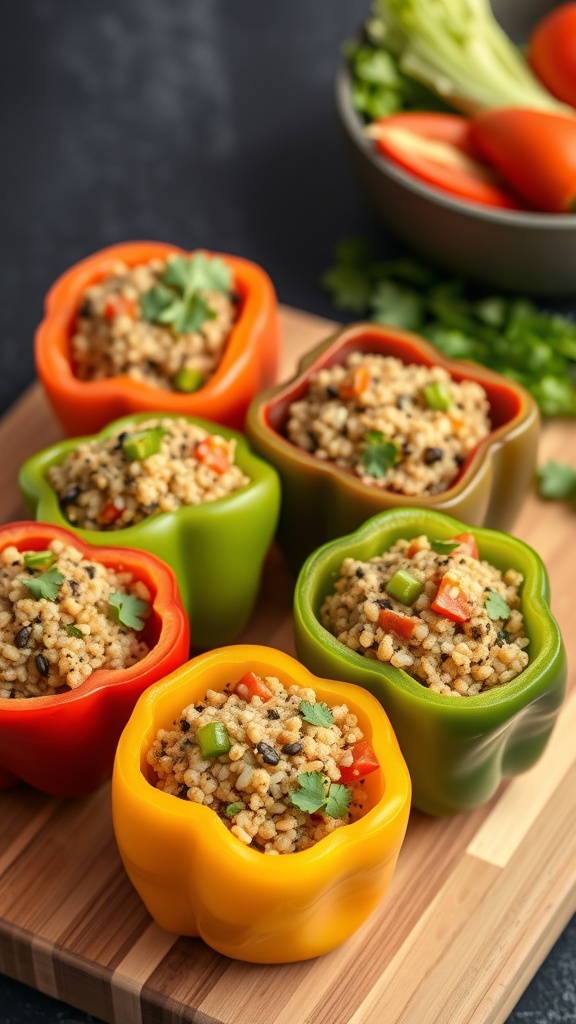 Colorful stuffed bell peppers filled with quinoa and vegetables on a wooden cutting board.