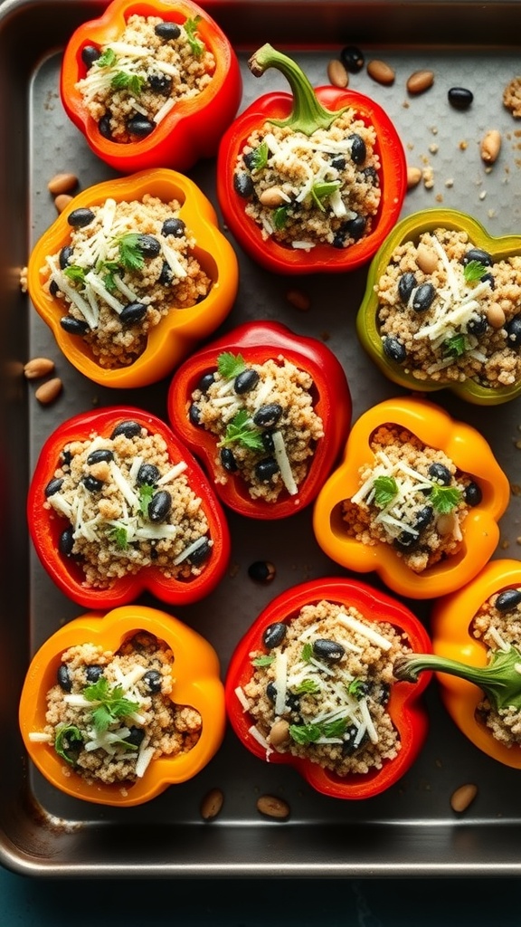 Colorful stuffed bell peppers filled with quinoa, black beans, and topped with cheese.
