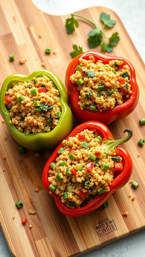 Stuffed bell peppers filled with quinoa and vegetables on a wooden cutting board.