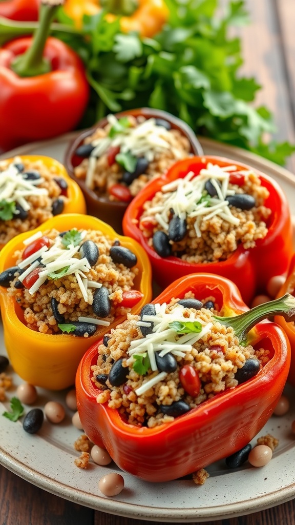 Colorful stuffed bell peppers filled with quinoa and beans, garnished with cheese and cilantro.