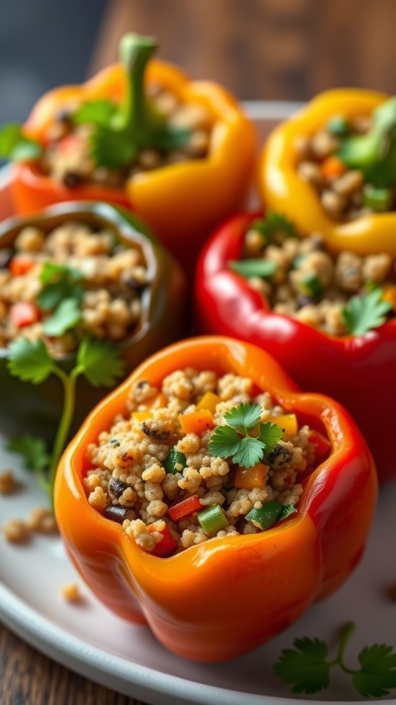 Stuffed bell peppers filled with quinoa, beans, and vegetables, garnished with cilantro.