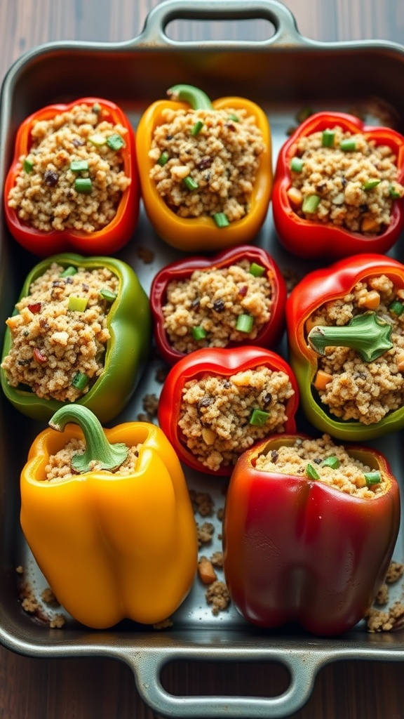 Colorful bell peppers stuffed with quinoa, beans, and vegetables.