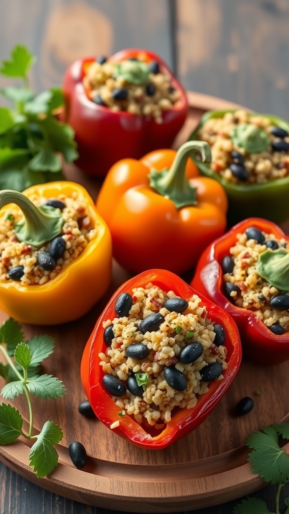 Stuffed bell peppers filled with quinoa and black beans, garnished with cilantro.