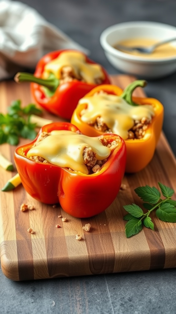 Stuffed bell peppers filled with quinoa and turkey, topped with melted cheese.