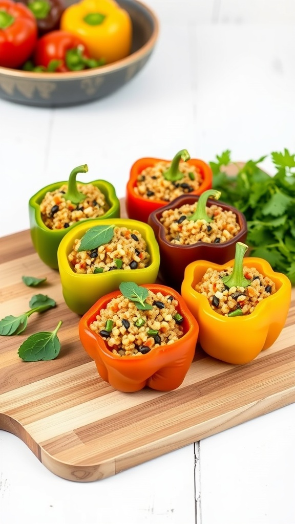 Stuffed bell peppers filled with quinoa and vegetables on a wooden board with fresh herbs.