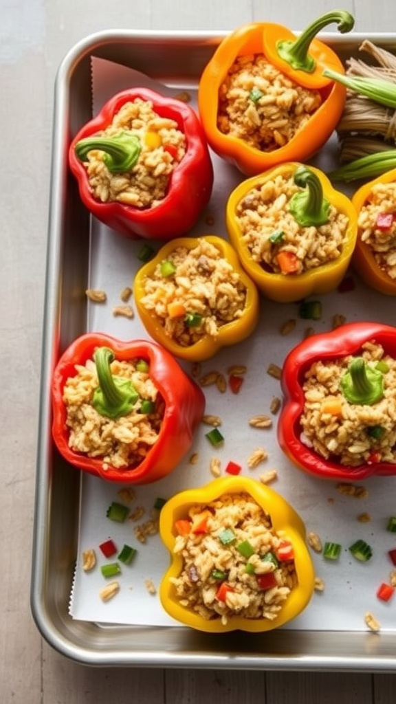 Colorful stuffed bell peppers filled with rice and vegetables on a baking tray.