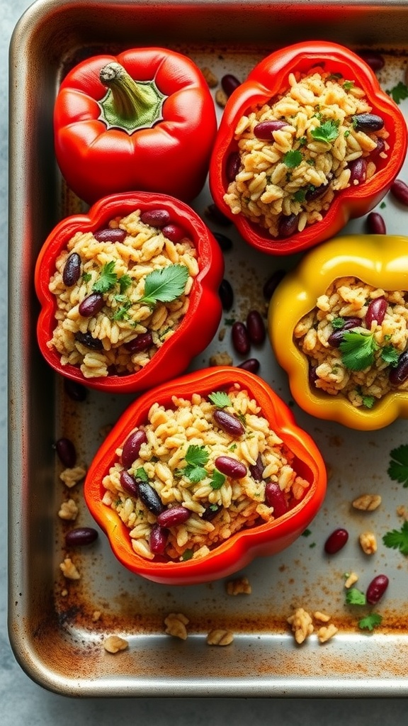 Stuffed bell peppers filled with rice and beans in a baking tray.