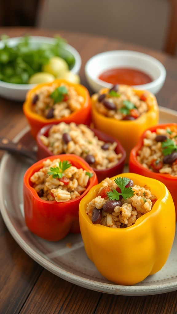 Colorful stuffed bell peppers filled with rice and beans, served with fresh cilantro.