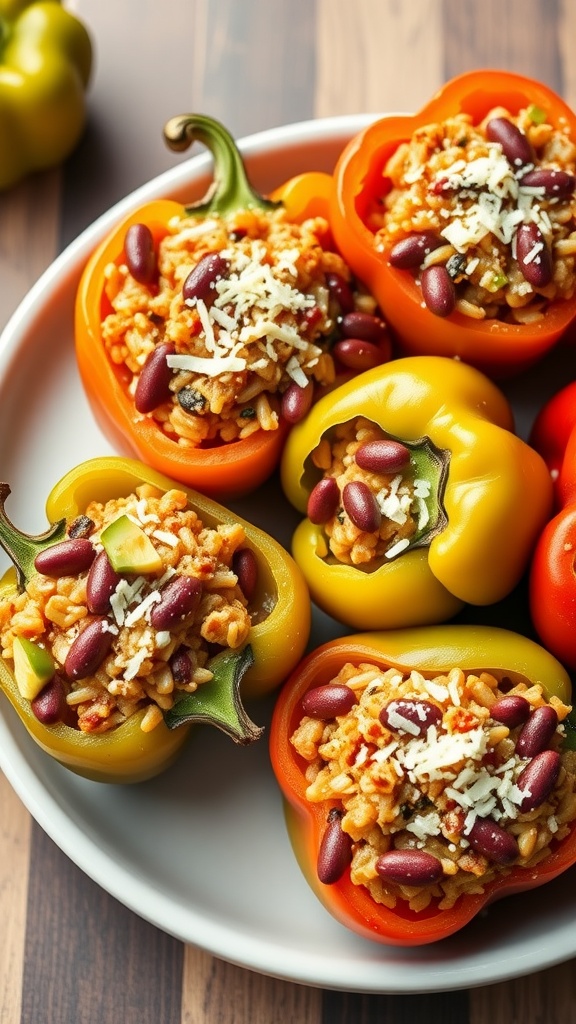 A plate of colorful stuffed bell peppers filled with rice and beans, topped with cheese.