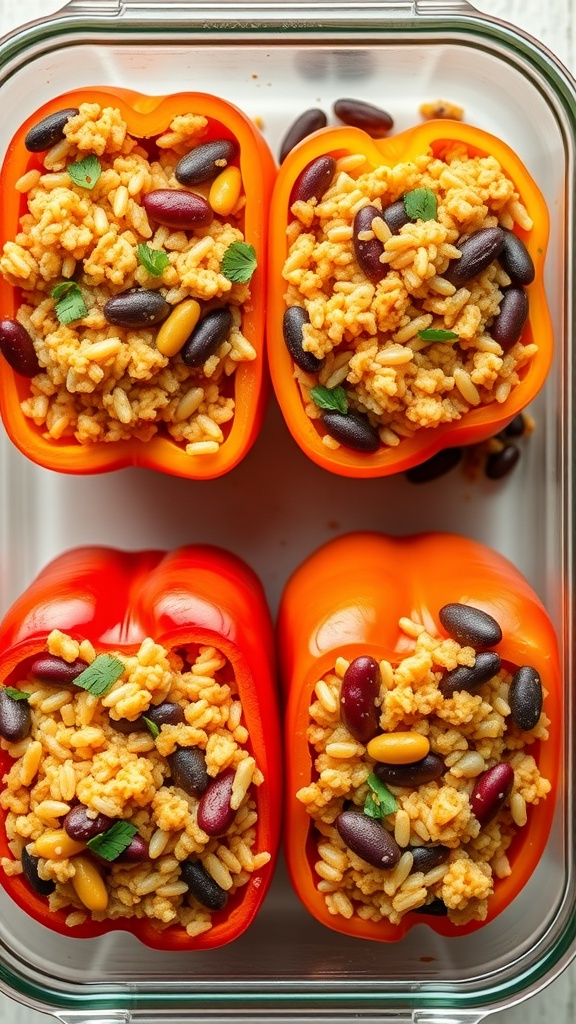 Stuffed bell peppers filled with rice and beans in a meal prep container.