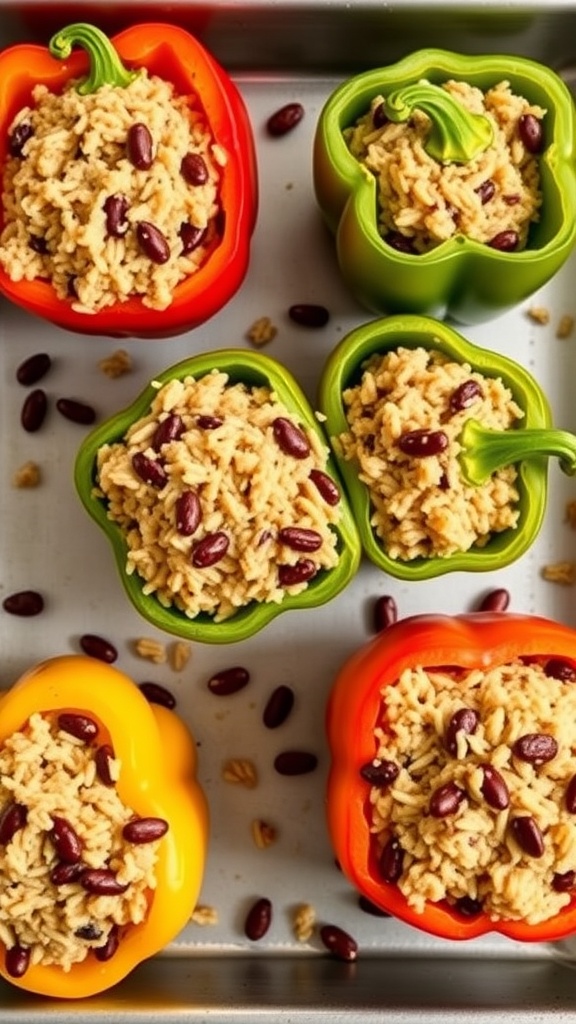 Stuffed bell peppers filled with rice and beans on a baking tray