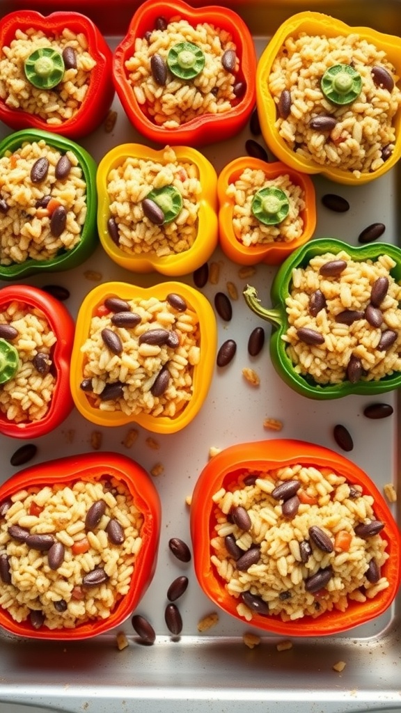 Colorful stuffed bell peppers filled with rice and beans on a baking tray.
