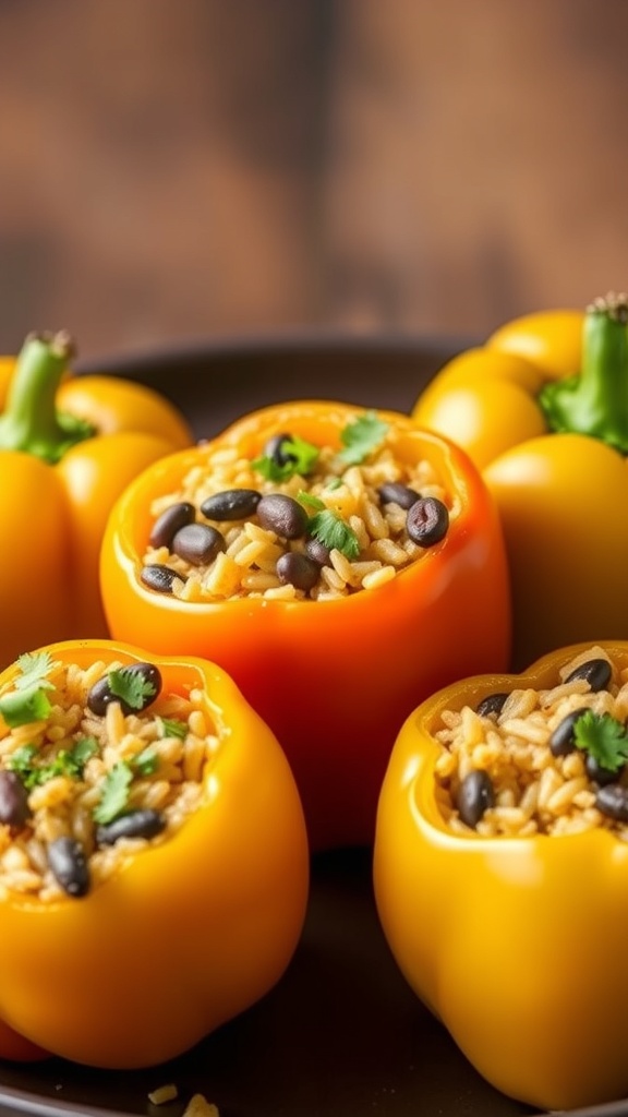 Stuffed bell peppers filled with rice and beans, garnished with cilantro.