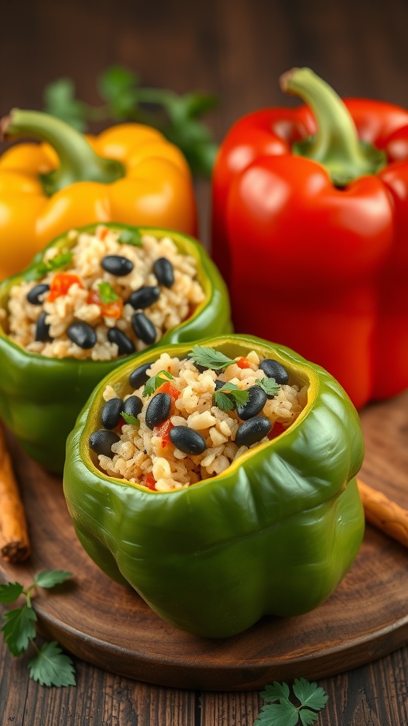 Stuffed bell peppers filled with rice and black beans on a wooden surface