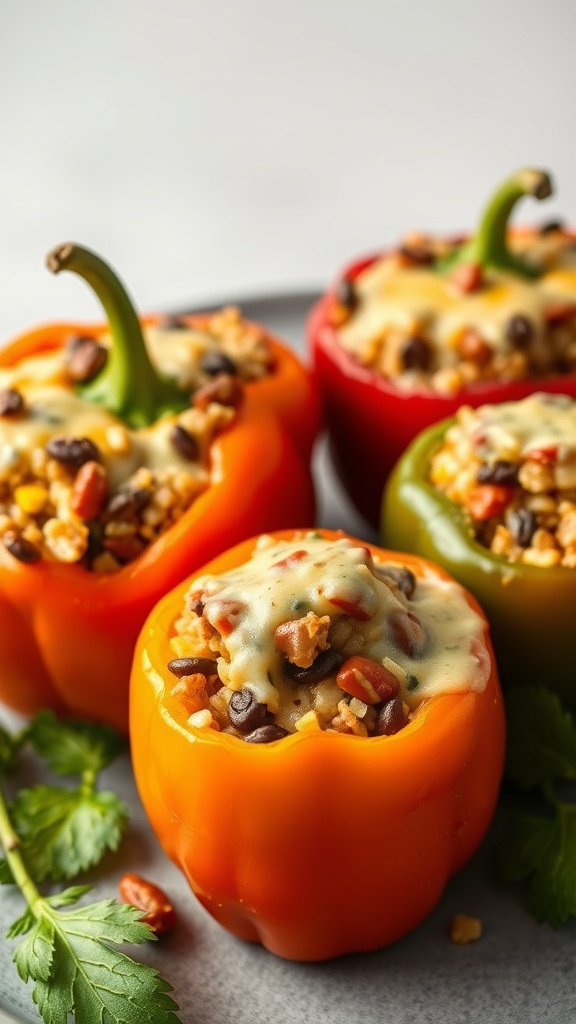 Stuffed bell peppers filled with rice, lentils, and topped with cheese.