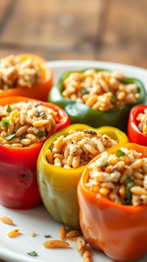 Colorful stuffed bell peppers with turkey and rice filling