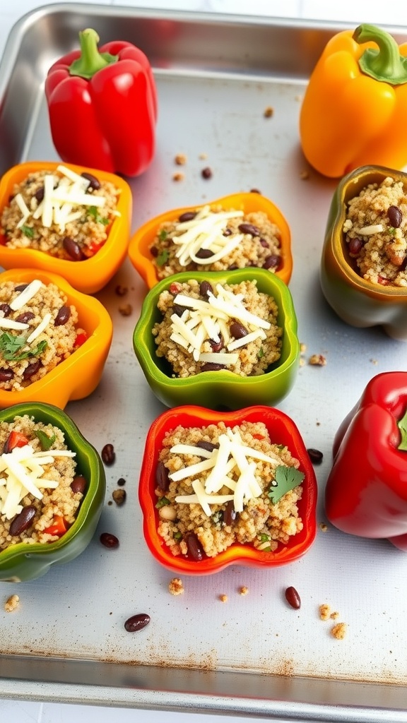 Colorful stuffed peppers filled with quinoa, beans, and cheese, arranged on a baking tray.