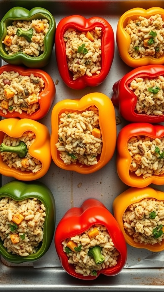 Colorful stuffed peppers filled with rice and vegetables, ready for baking.