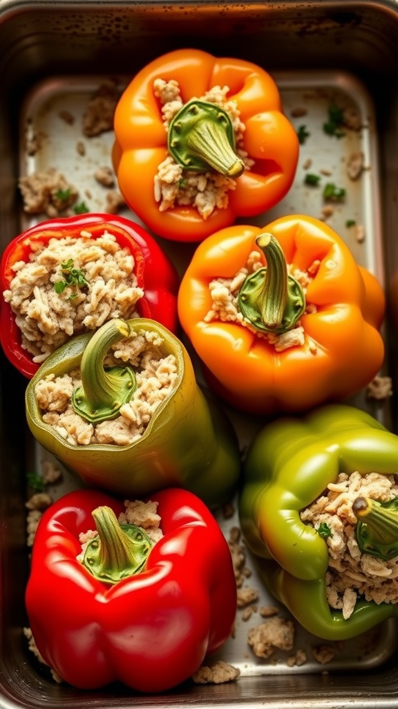 Colorful stuffed peppers filled with ground turkey and rice, ready for baking.