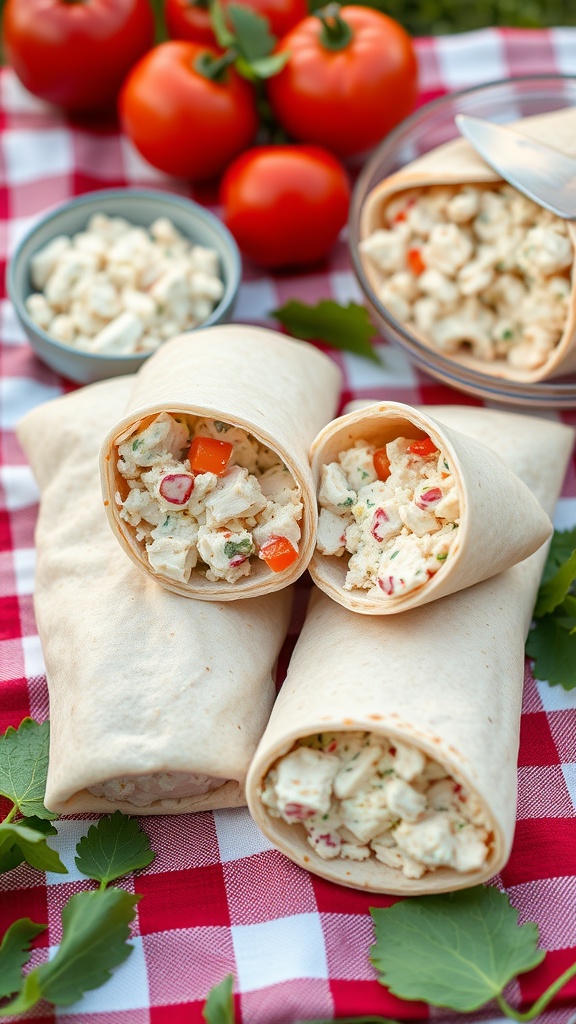 Stuffed pita pockets filled with chicken salad, surrounded by fresh vegetables