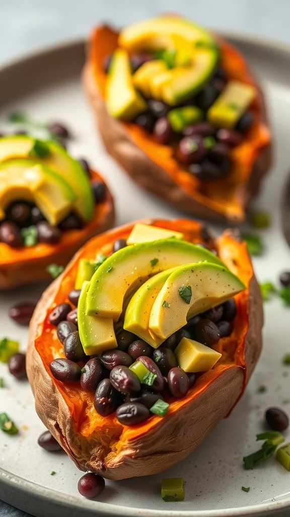Stuffed sweet potatoes filled with black beans and topped with avocado slices on a plate.