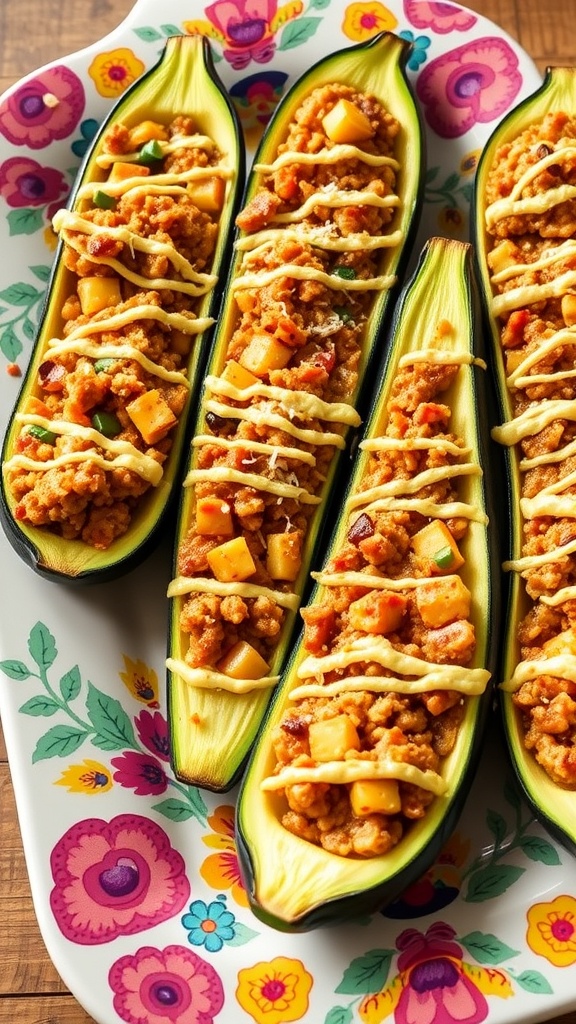 Stuffed zucchini boats filled with meat and vegetables on a colorful plate.