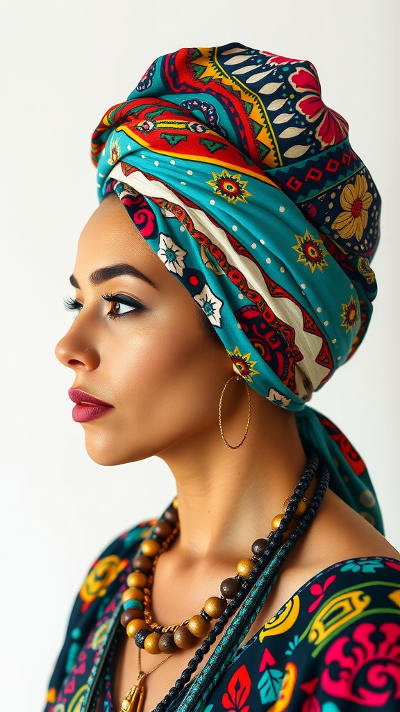 A woman wearing a colorful hair wrap and statement necklace.