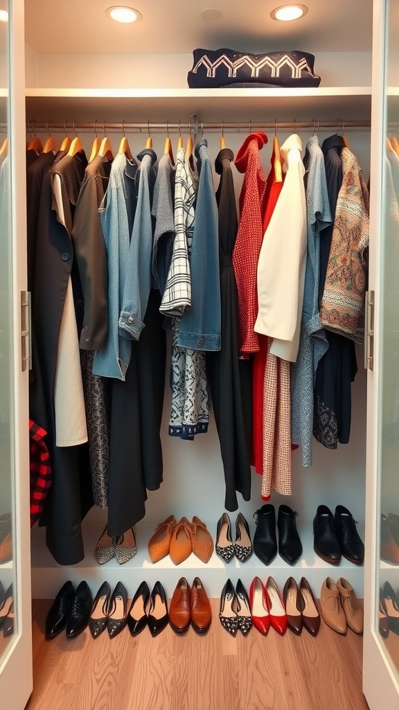 A stylish closet showcasing a variety of clothing options and neatly arranged shoes.