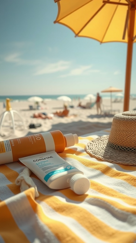 Beach scene with sunscreen and a straw hat on a striped towel