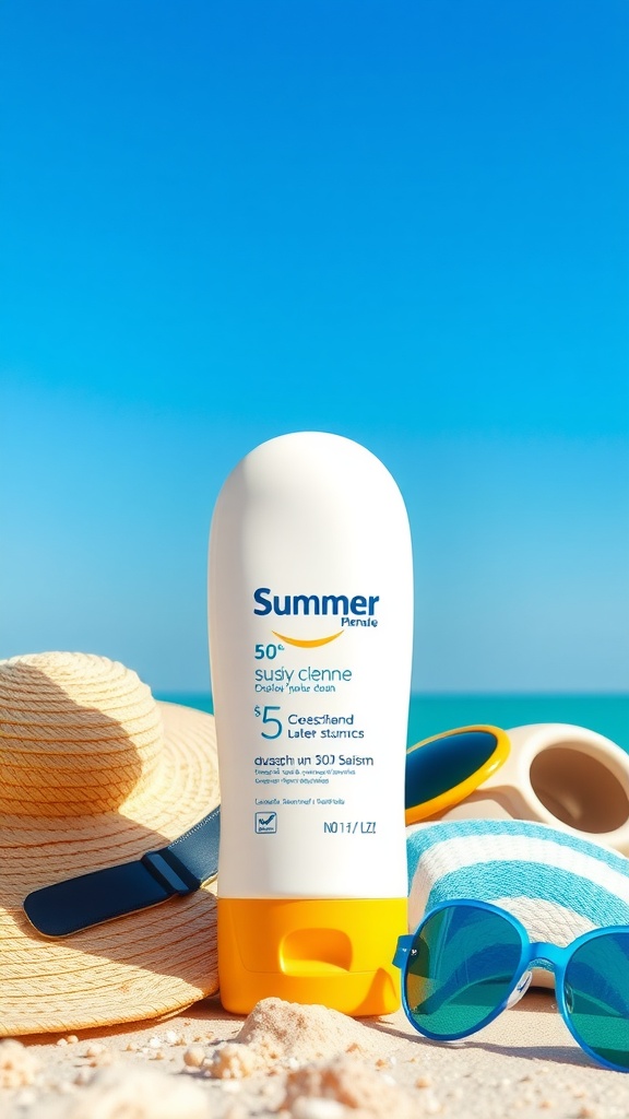 A bottle of sunscreen on the beach with a sun hat and sunglasses.