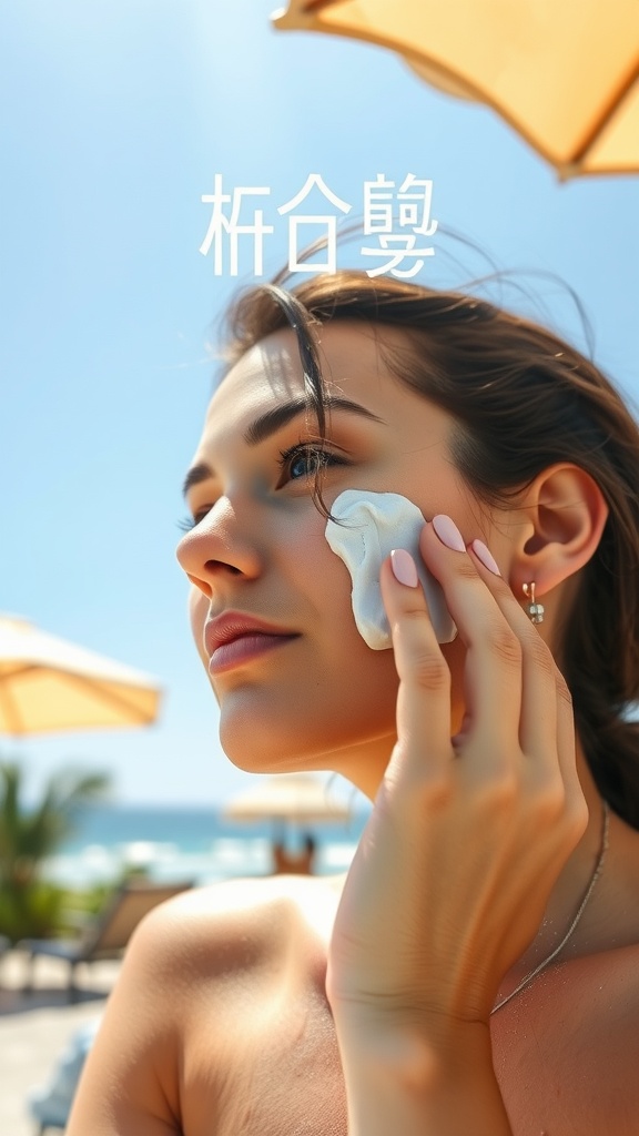 A person applying sunscreen on their face at the beach, under a sunny sky.