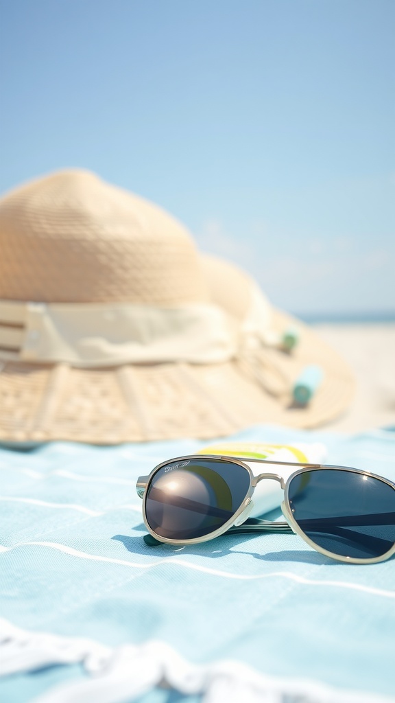 A sun hat and sunglasses on a beach towel, emphasizing the importance of sun protection for skin health.