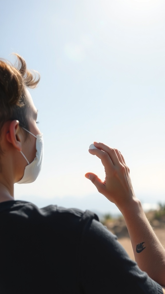 Person holding sunscreen against a bright sky