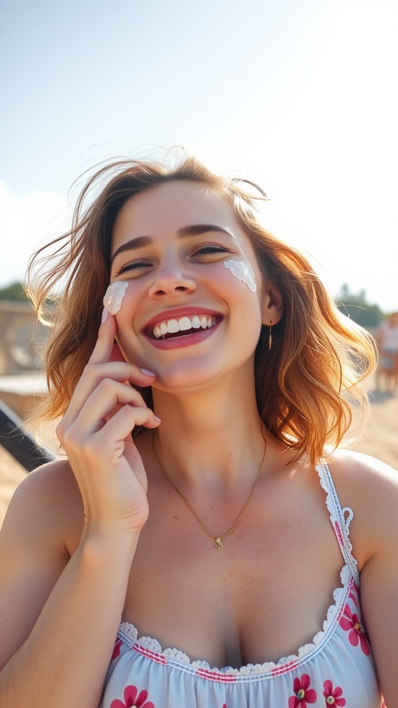 A smiling woman applying sunscreen on her face outdoors, promoting daily sun protection.
