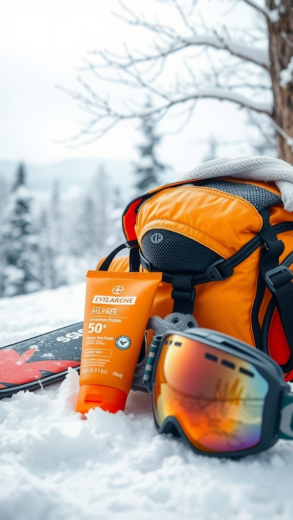 An orange sunscreen bottle, ski goggles, and a backpack on a snowy landscape.