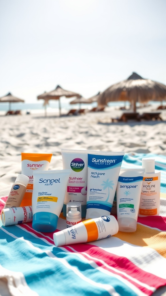 Various sunscreens arranged on a colorful beach towel with umbrellas in the background