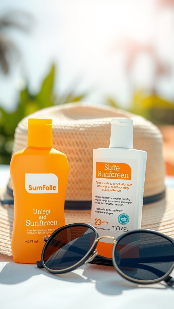 Two bottles of sunscreen beside sunglasses and a straw hat on a table, indicating sun protection essentials for skincare.