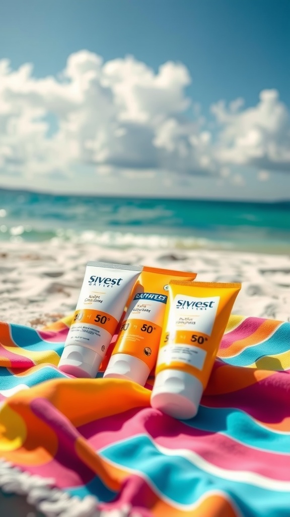Sunscreen products placed on a colorful beach towel with a beautiful ocean view in the background