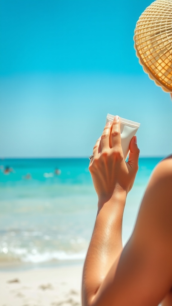 A person holding a sunscreen bottle at the beach, preparing to apply it while enjoying the sunny weather.