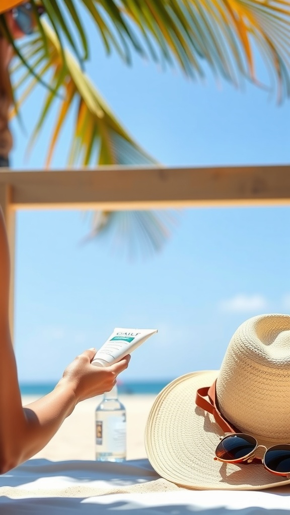 A person holding sunscreen with sunglasses and a hat on a beach.