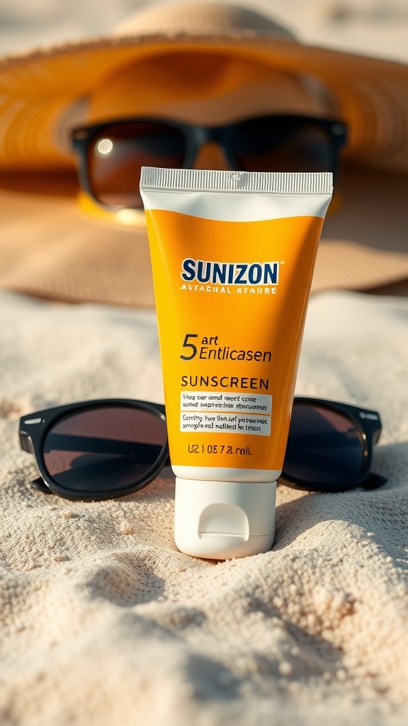 A sunscreen tube on the sand with sunglasses and a hat, indicating sun protection.