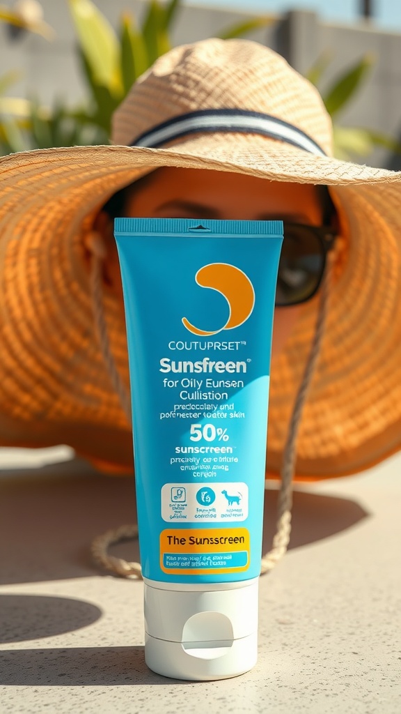 A tube of sunscreen designed for oily skin, placed next to a wide-brimmed hat.