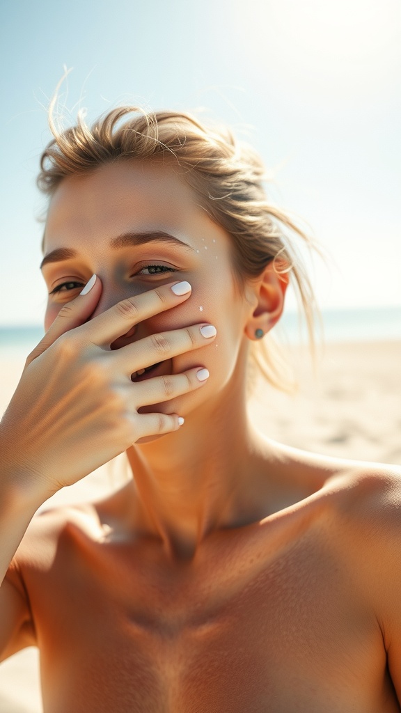 Woman applying sunscreen at the beach