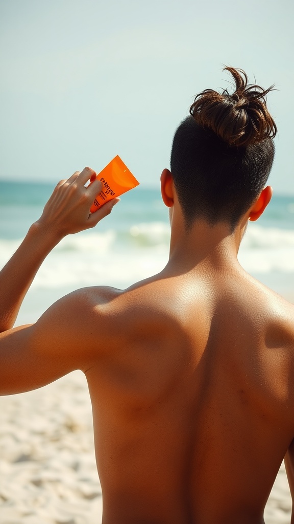 A person applying sunscreen while standing on a beach, overlooking the ocean.