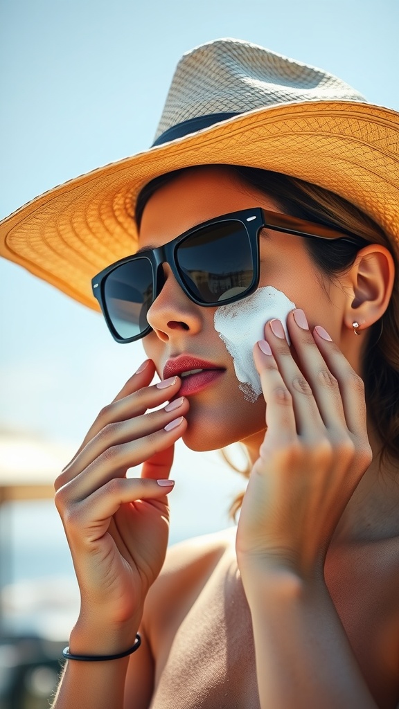A woman applying sunscreen on her face while wearing sunglasses and a straw hat, preparing for sun exposure.