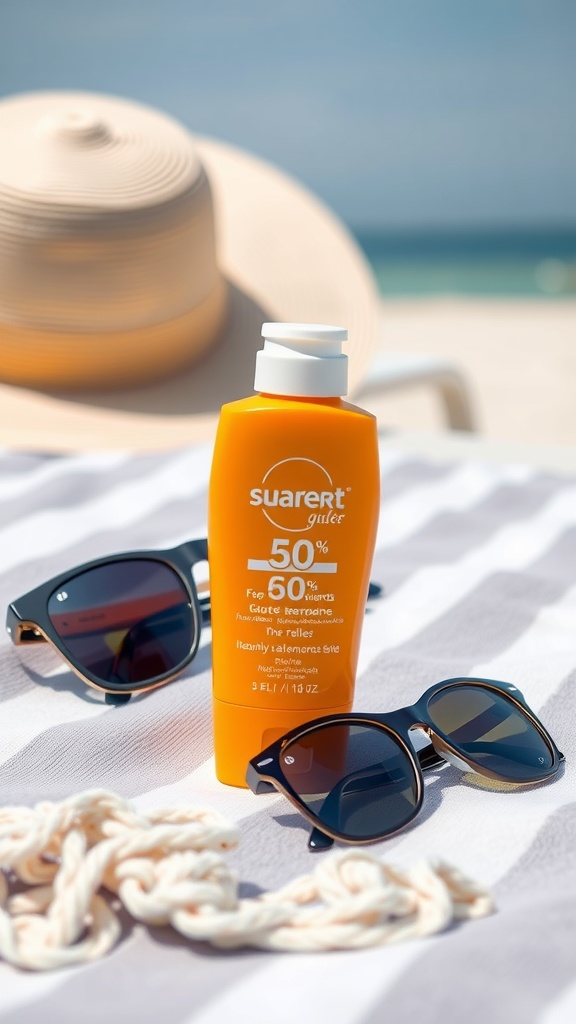 A bottle of sunscreen with SPF 50, sunglasses, and a sun hat on a beach towel